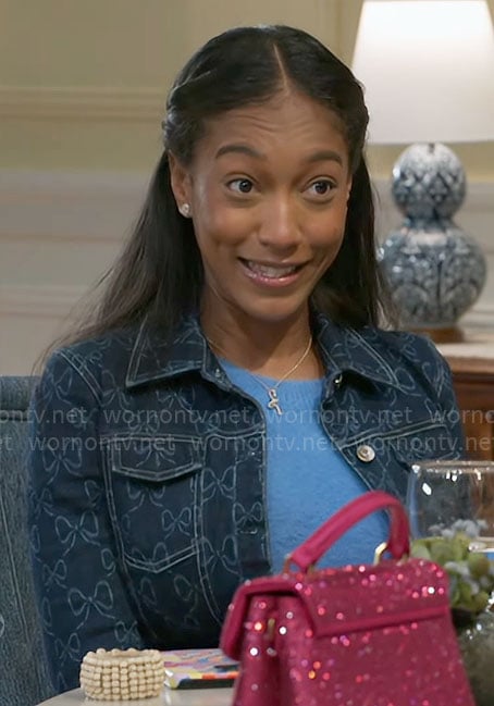 Samantha's bow print denim jacket and jeans set on Beyond the Gates