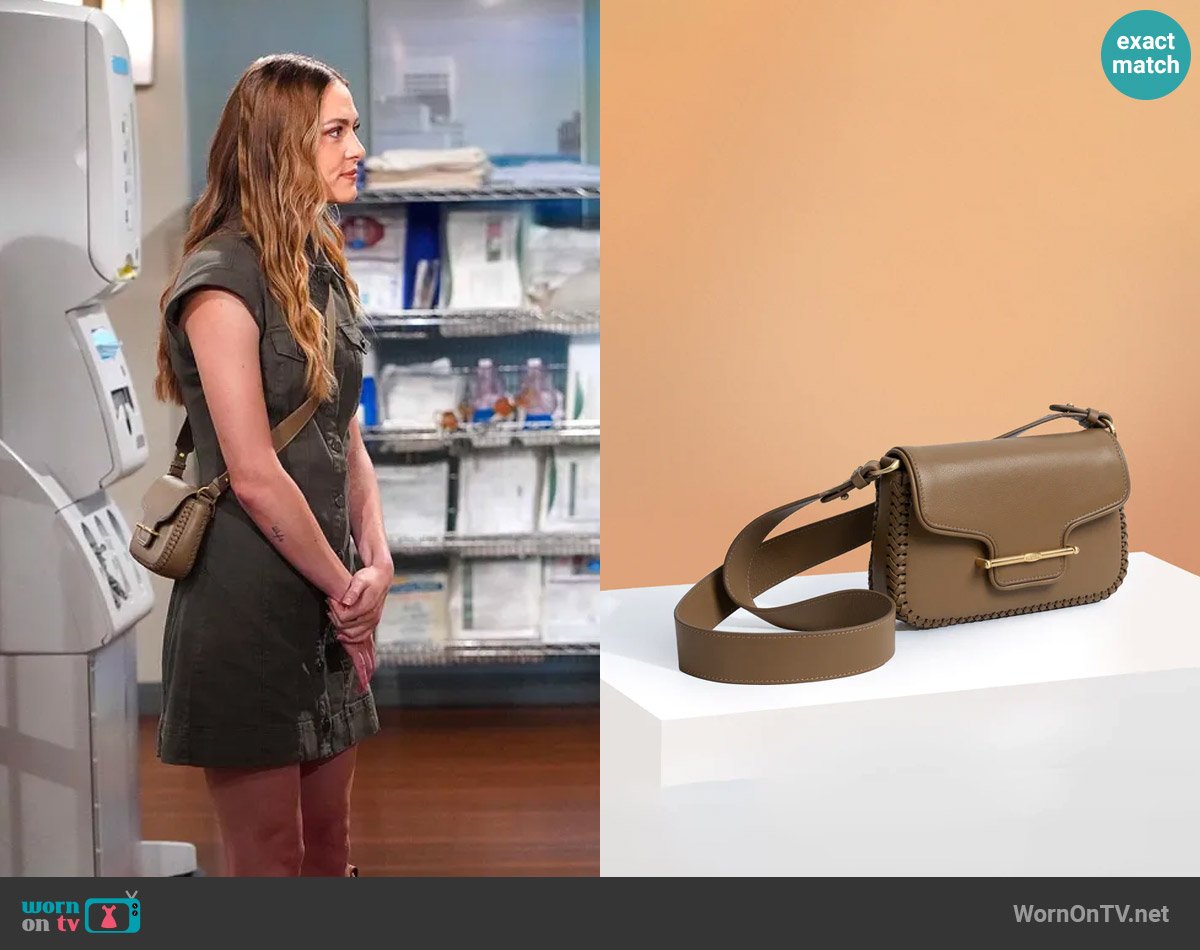 Sancia Estrella Bag in Oak worn by Claire Grace (Hayley Erin) on The Young and the Restless