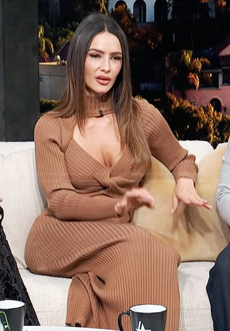 Sandra Vergara’s brown ribbed cutout dress on Access Hollywood