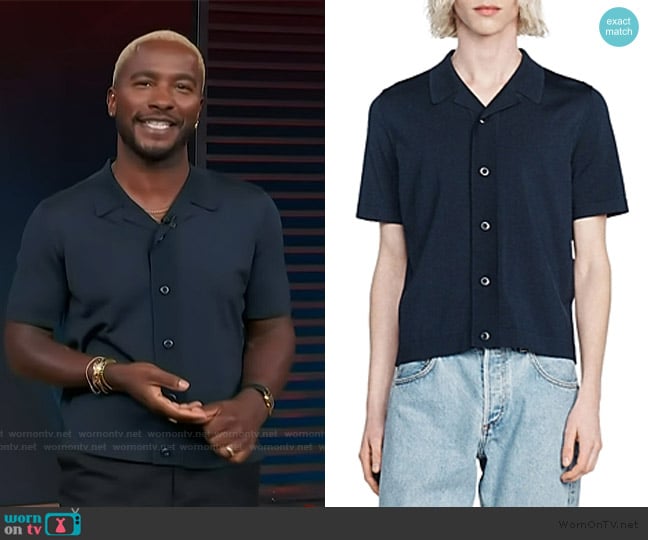 Sandro Short Sleeve Knit Camp Shirt worn by Scott Evans on Access Hollywood