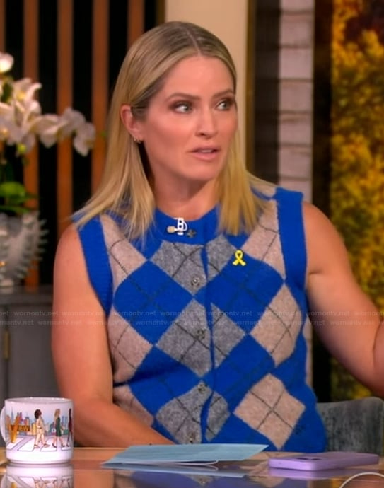 Sara's blue argyle check vest on The View