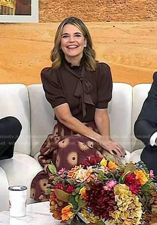 Savannah's brown puff sleeve top and print skirt on Today