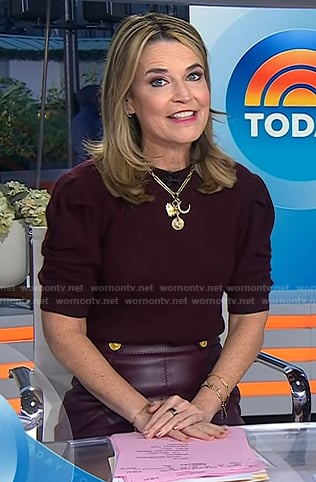 Savannah's burgundy puff sleeve sweater and leather skirt on Today
