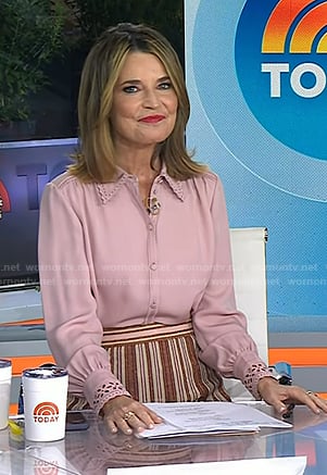 Savannah's pink broderie trim blouse and striped skirt on Today