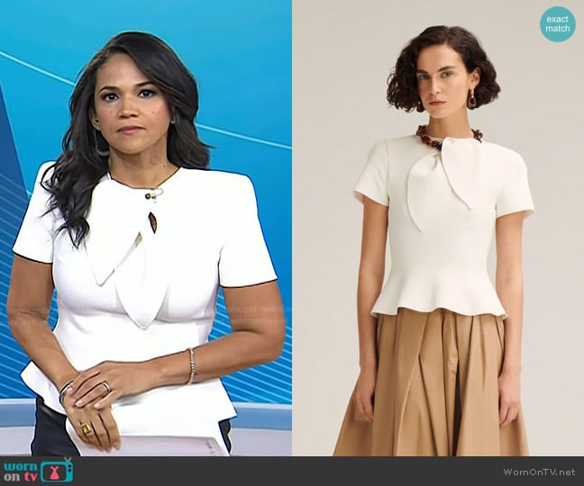 Scanlan Theodore Crepe Knit Cravat Top in Cream worn by Laura Jarrett on Today