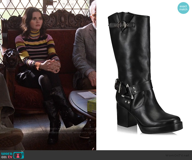 Schutz Kiara 76MM Leather Zip-Up Block Heel Boots worn by Mabel Mora (Selena Gomez) on Only Murders in the Building