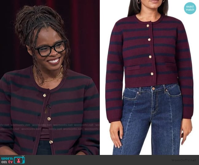 Scotch & Soda Stripe Cardigan worn by Jacqueline Coley on Access Hollywood