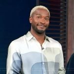 Scott’s blue abstract print shirt on Access Hollywood