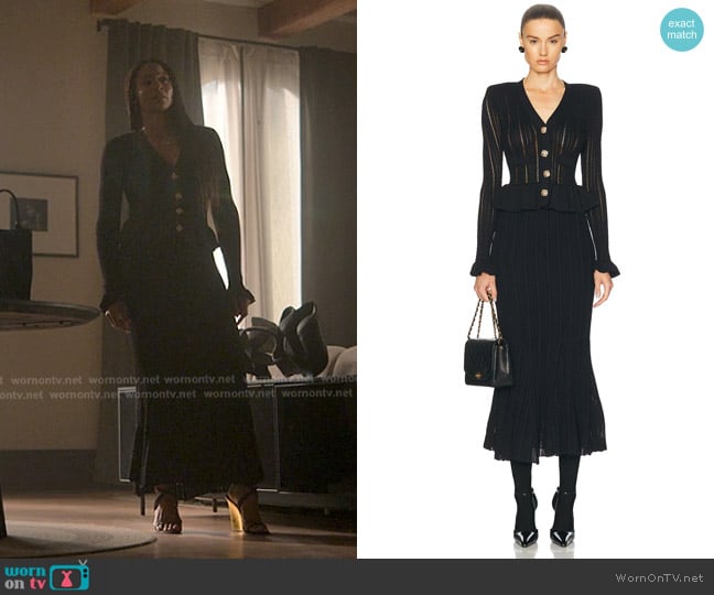 Self Portrait Knit Peplum Midi Dress in Black worn by Jax Stewart (Emayatzy Corinealdi) on Reasonable Doubt