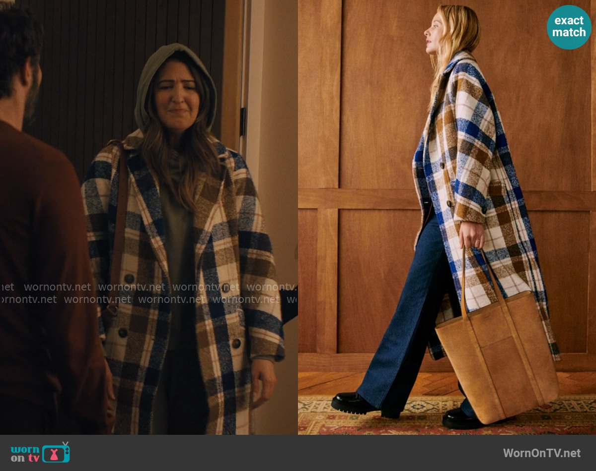 Sezane Viktor Coat in Camel Blue Pink Checks worn by Ryann (D'Arcy Carden) on Nobody Wants This