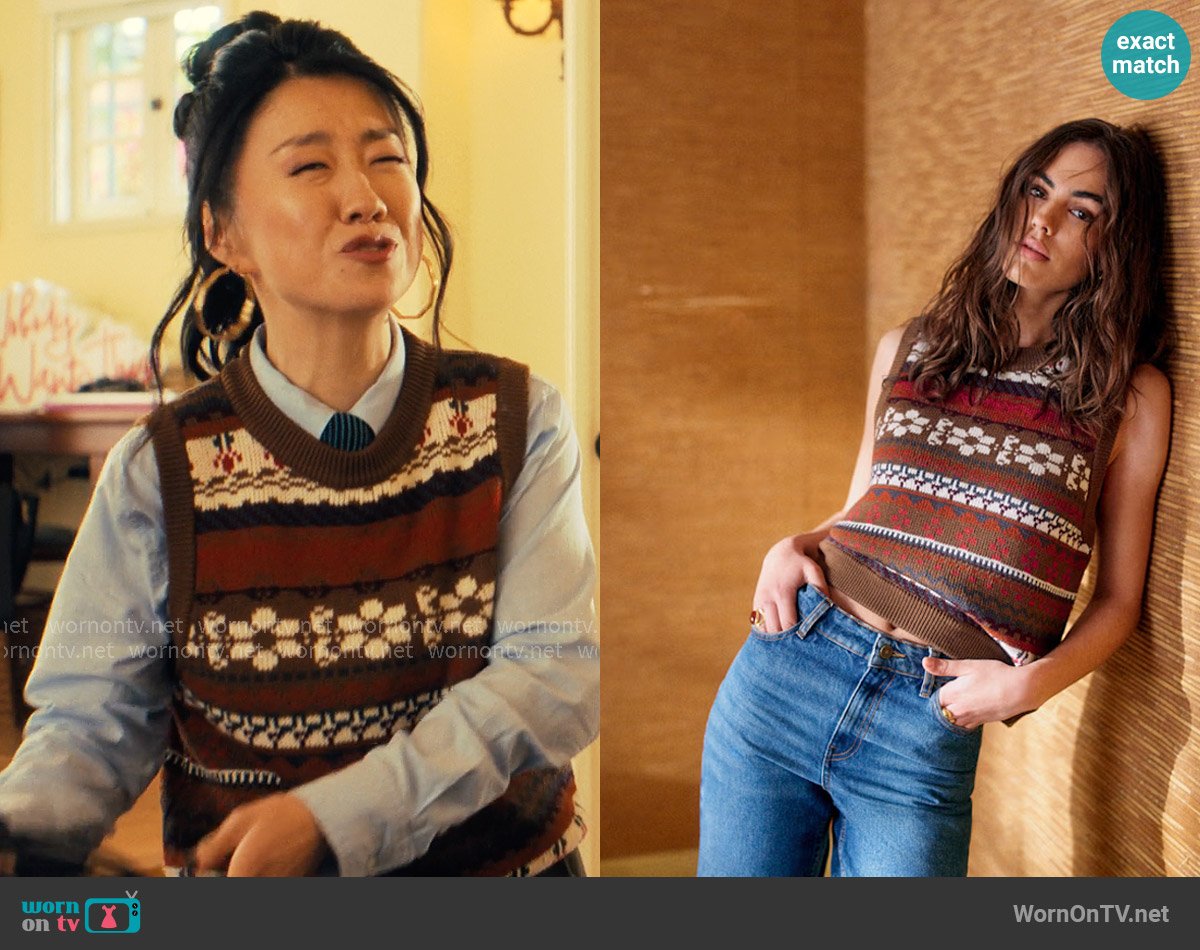 Sézane x Lucia Vergara Becky Jumper in Brown Pink Creation worn by Ashley (Sherry Cola) on Nobody Wants This