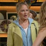 Sharon’s blue hoodie and yellow leather moto jacket on The Young and the Restless