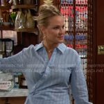 Sharon’s blue striped asymmetric shirt on The Young and the Restless