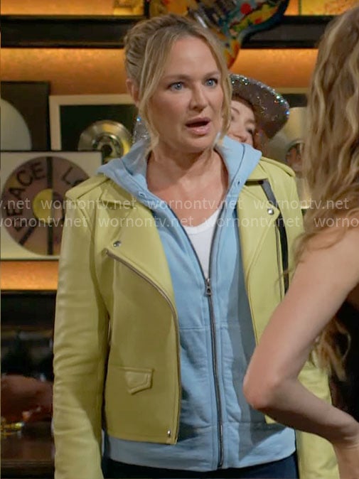 Sharon's blue hoodie and yellow leather moto jacket on The Young and the Restless