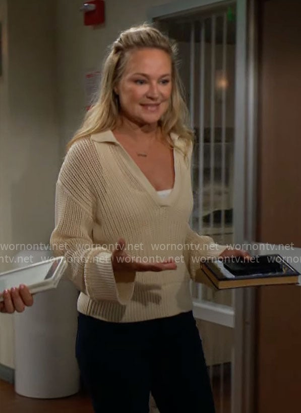 Sharon's cream crochet sweater on The Young and the Restless