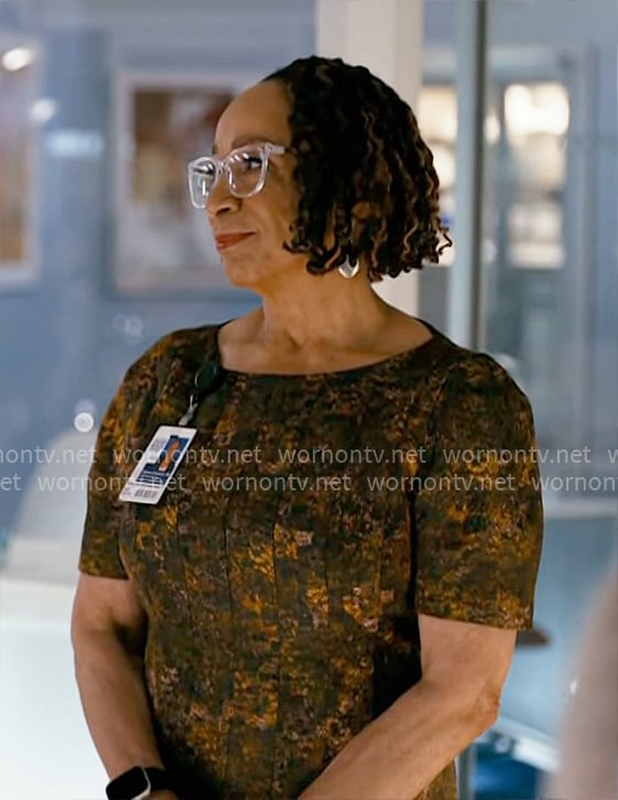Sharon's printed short-sleeve dress on Chicago Med