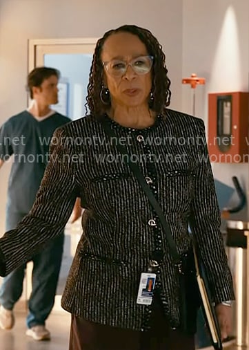 Sharon's tweed button up jacket on Chicago Med