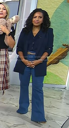 Sheinelle’s navy open jacket and flare pants on Today
