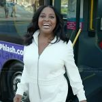 Sherri’s white zip front jumpsuit on Sherri