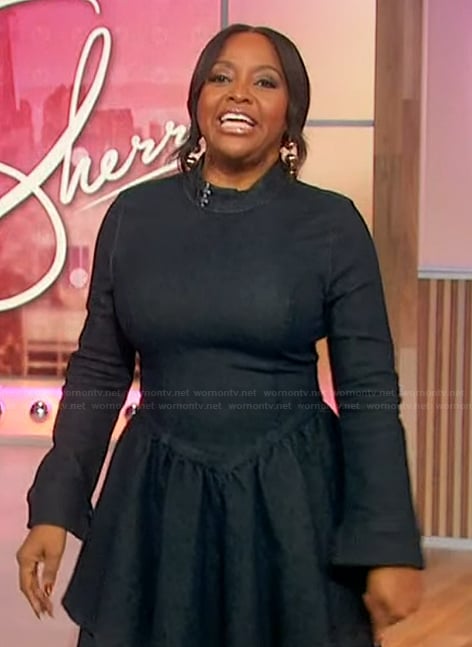 Sherri’s denim flare mini dress on Sherri