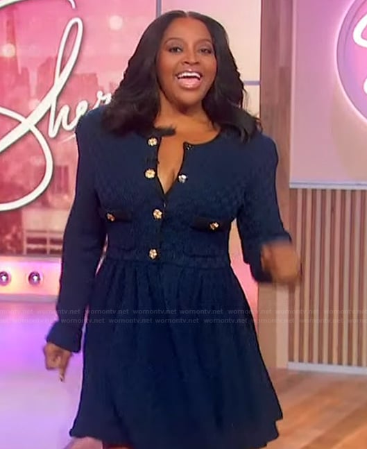 Sherri’s navy gold button mini dress on Sherri