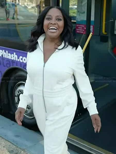 Sherri's white zip front jumpsuit on Sherri