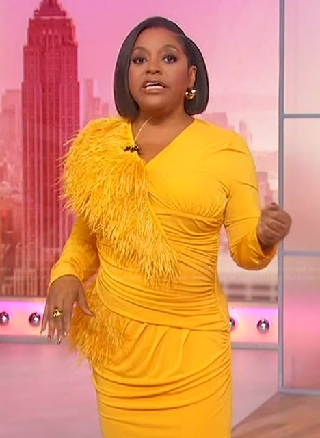Sherri's yellow feather trim dress on Sherri