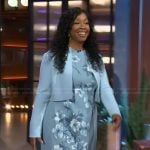 Shonda Rhimes’s blue floral print dress and jacket on The Kelly Clarkson Show