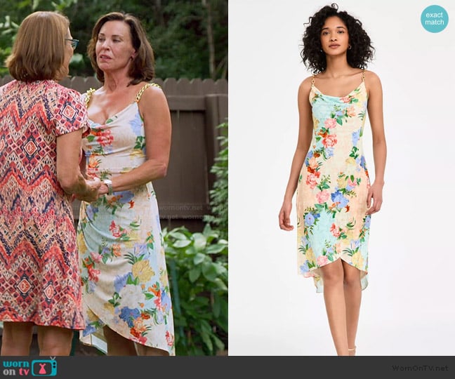 Siena Floral Print Cowl Neck Sleeveless Sheath Dress worn by Debbie Siebers on The Golden Bachelor
