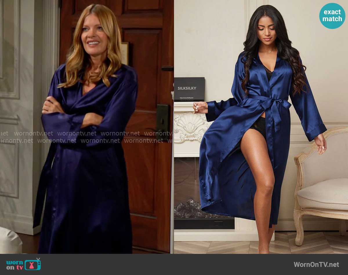 SilkSilky Pure Silk Elegant Women's Long Robe in Dark Blue worn by Phyllis Summers (Michelle Stafford) on The Young and the Restless