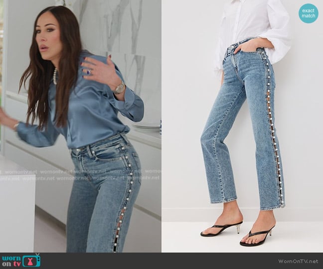 Simkhai Amelia High Rise Pearl Embellished Denim Jeans in Juno worn by Angie Katsanevas on The Real Housewives of Salt Lake City