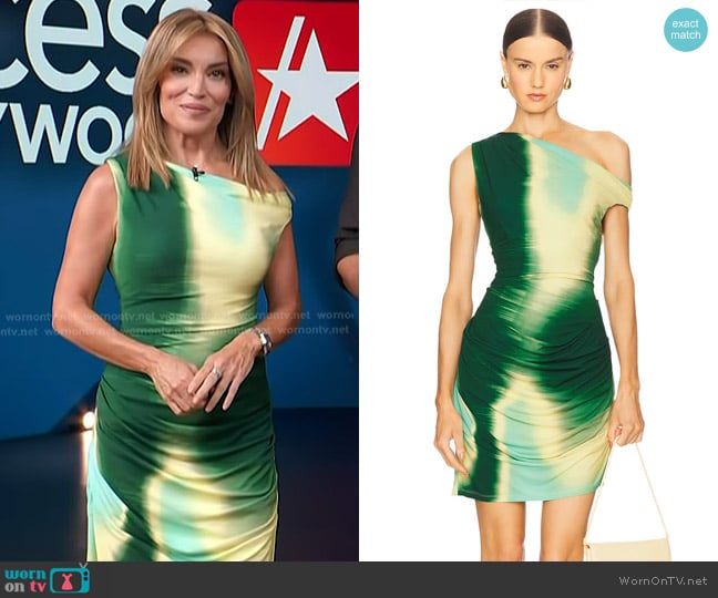 Simkhai Azalea Mini Dress in Sea Glass Sunset Print worn by Kit Hoover on Access Hollywood