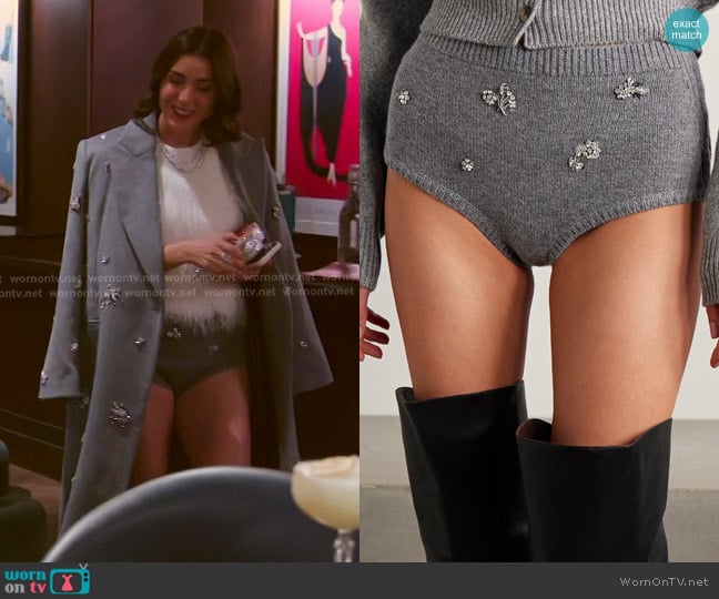 Simkhai Georgie Crystal-embellished Wool and Cashmere-blend Shorts in Heather Grey worn by Bronwyn Newport on The Real Housewives of Salt Lake City