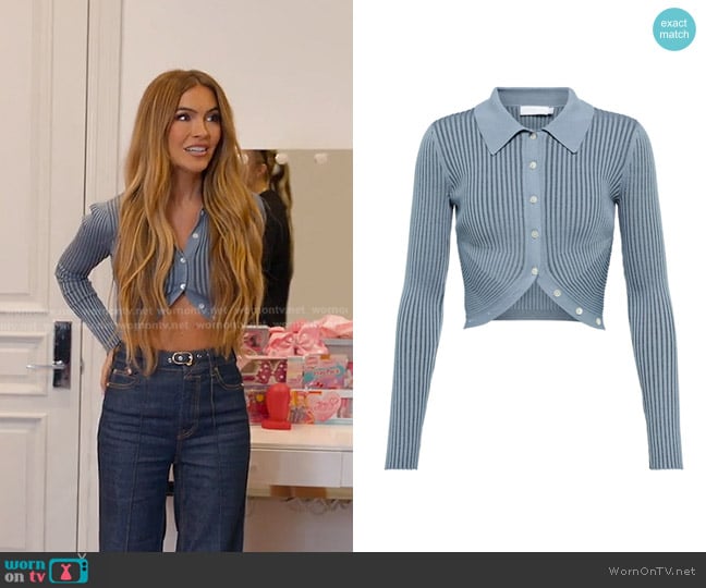 Simkhai Sol Ribbed-knit Crop Cardigan in Slate worn by Chrishell Stause on Selling Sunset