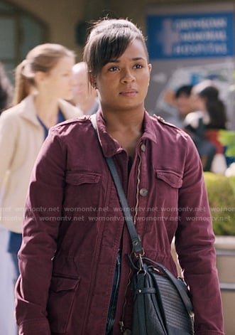 Simone's burgundy utility jacket on Greys Anatomy