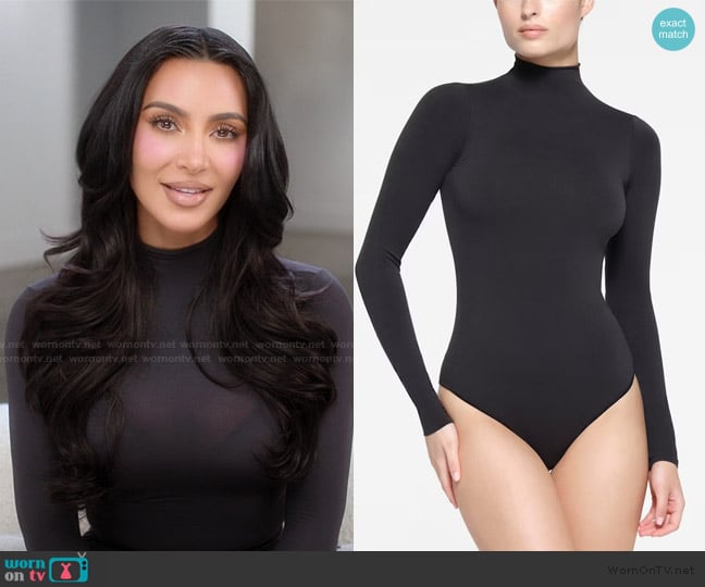 Skims Essential Mock Neck Long Sleeve Bodysuit worn by Kim Kardashian (Kim Kardashian) on The Kardashians