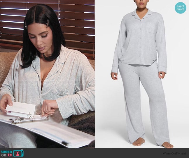 Skims Long Sleeve Button Up Set worn by Kim Kardashian (Kim Kardashian) on The Kardashians