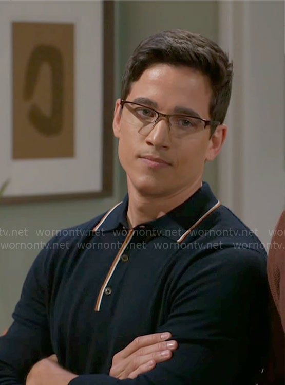 Smitty's navy polo sweater with striped trim on Beyond the Gates