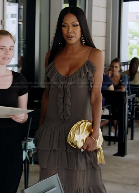 Stacey’s ruffle sheer maxi dress on The Real Housewives of Potomac