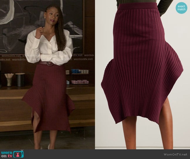 Stella McCartney Asymmetric Ribbed Organic Cotton Midi Skirt in Burgundy worn by Jax Stewart (Emayatzy Corinealdi) on Reasonable Doubt