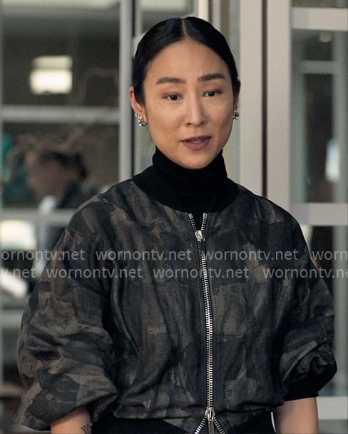 Stella's brushstroke print bomber jacket and skirt set on The Morning Show