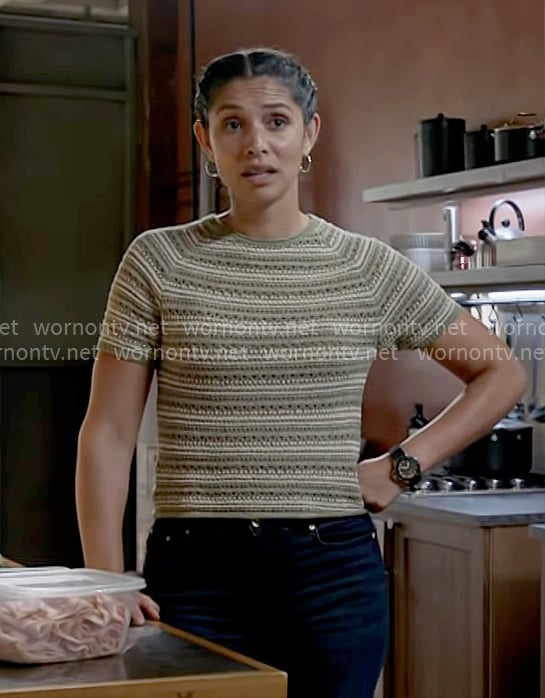 Stella's green striped knit top on Chicago Fire