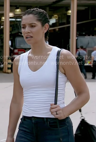 Stella's white v-neck tank top on Chicago Fire