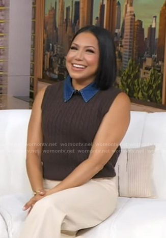 Stephanie’s brown cable knit vest with denim collar on Good Morning America