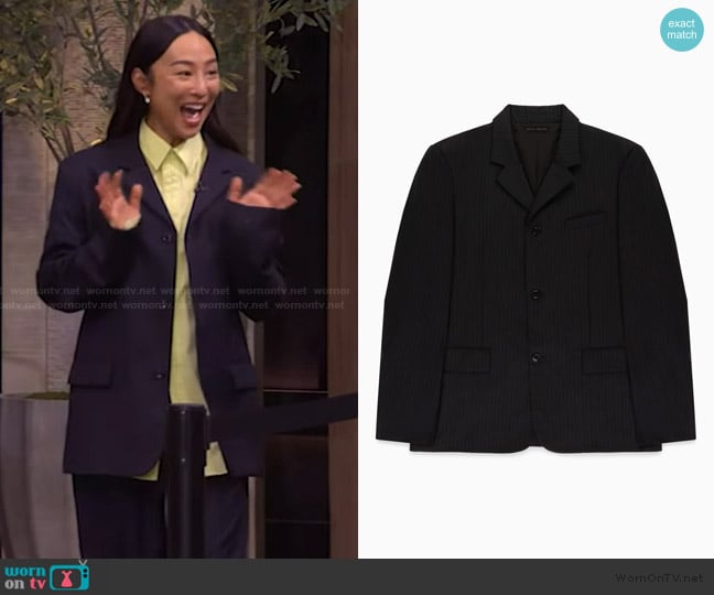Still Kelly Pinstripe Tailored Jacket worn by Greta Lee on Live with Kelly and Mark