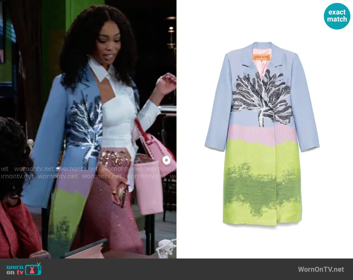 Stine Goya Tree Coat worn by Chelsea Hamilton (RhonniRose Mantilla) on Beyond the Gates