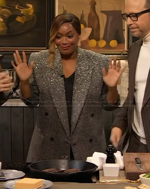 Sunny Anderson’s gray embellished blazer on The Drew Barrymore Show