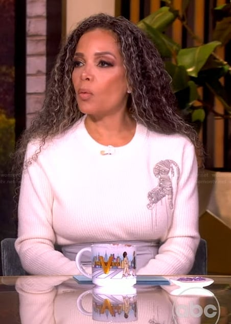 Sunny's leopard embellished sweater and high waist skirt on The View
