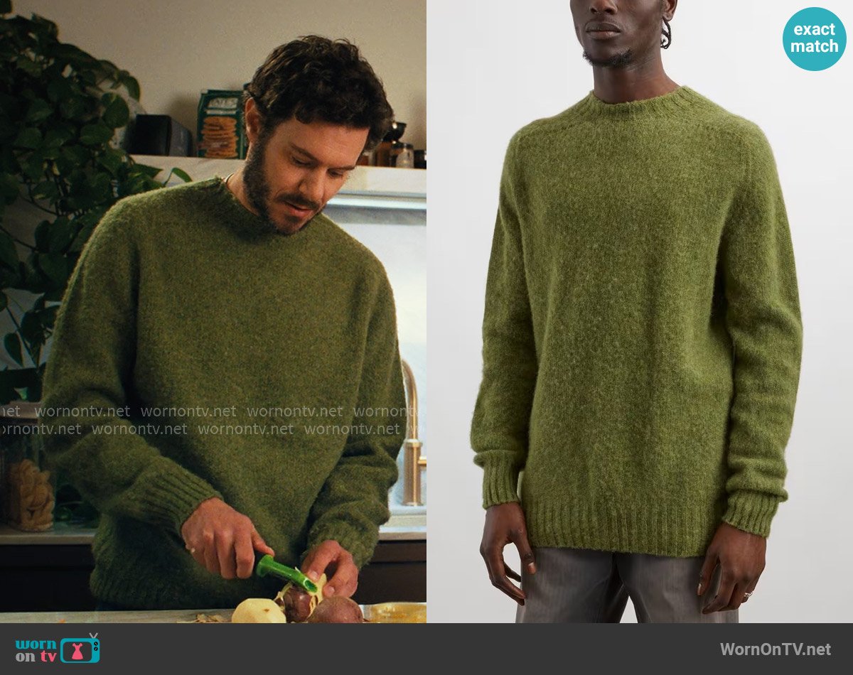 Sunspel Moss Green Melange Shetland Crew Jumper worn by Noah (Adam Brody) on Nobody Wants This