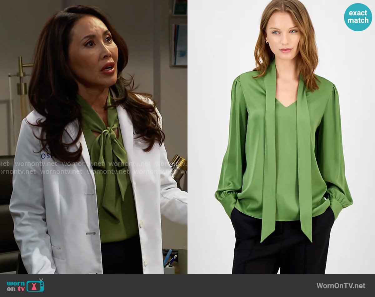 T Tahari Bow-Neck Tie Blouse in Forest Moss worn by Li Finnegan (Naomi Matsuda) on The Bold and the Beautiful
